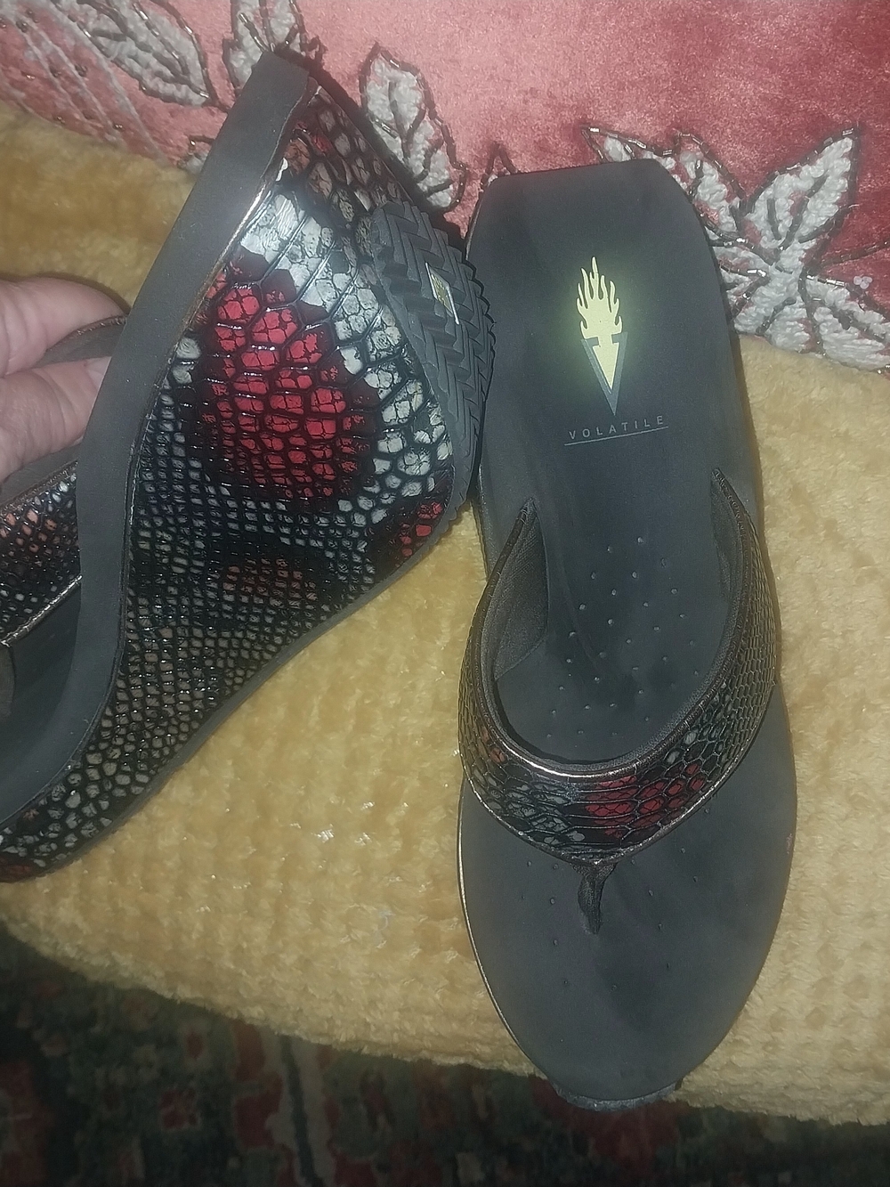Volatile Women’s Black and Red Snake-Print Wedge Sandals